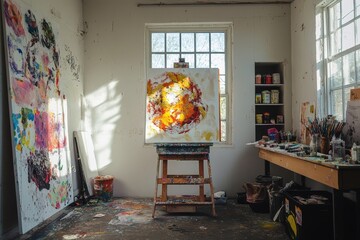 Explore a small gallery room featuring a vibrant abstract painting on an easel. Natural light beautifully highlights the creative space filled with artistic tools and inspiration.