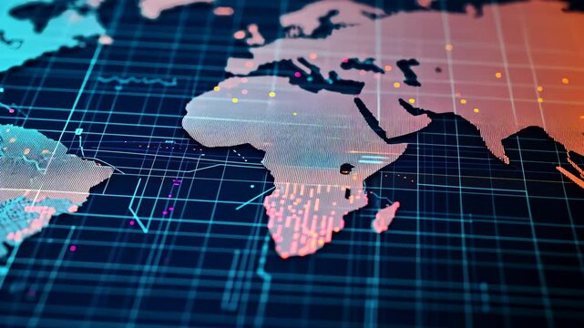 A detailed close up view of a map of the world showing continents, countries, and major cities, Visual representation of the global financial market
