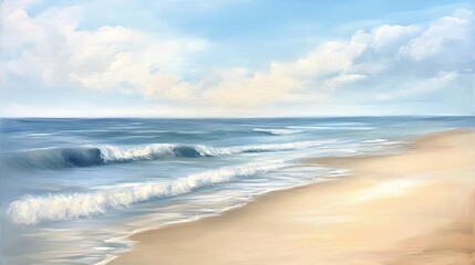Fototapeta premium A calming beach scene with smooth waves and golden sand, framed by a pale blue sky and soft clouds