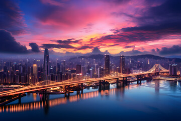 Incredible Display of Twilight Urbanity: HJ City Skyline Against the Gorgeous Backdrop of a Multicolored Sky