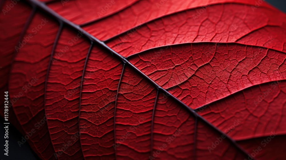 Aufkleber close-up of a vibrant red leaf with distinctive black veins highlighting textures and patterns in na