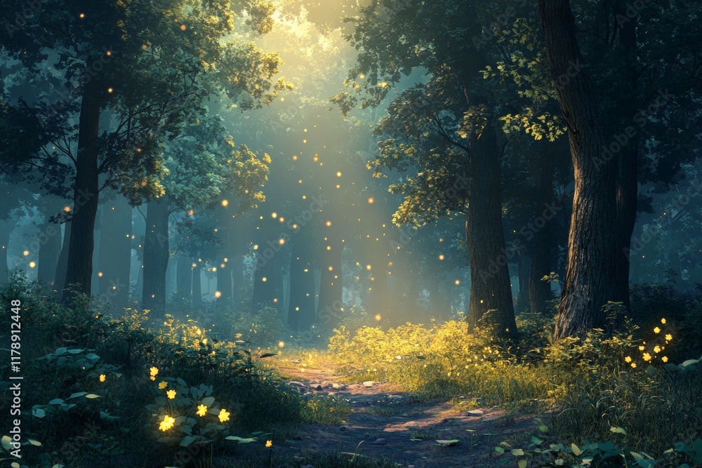 Poster forest with a path through it and a lot of light shining through the trees. the light is coming from
