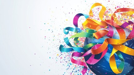 17.A professional vector layout featuring diverse cancer awareness ribbons layered over a transparent globe, with sections for event details and sponsorship logos on a clean background.