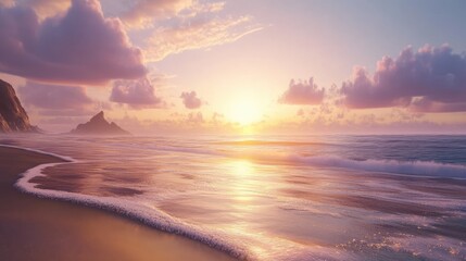 Fototapeta premium A calming beachscape with soft waves and shimmering wet sand reflecting the gentle light of sunset