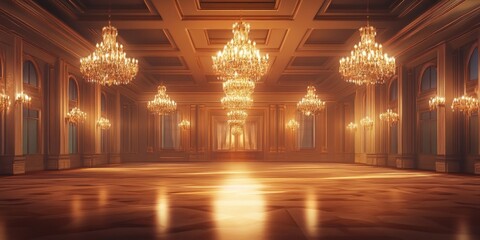 Obraz premium Elegant Grand Hall Interior with Crystal Chandeliers and Warm Light