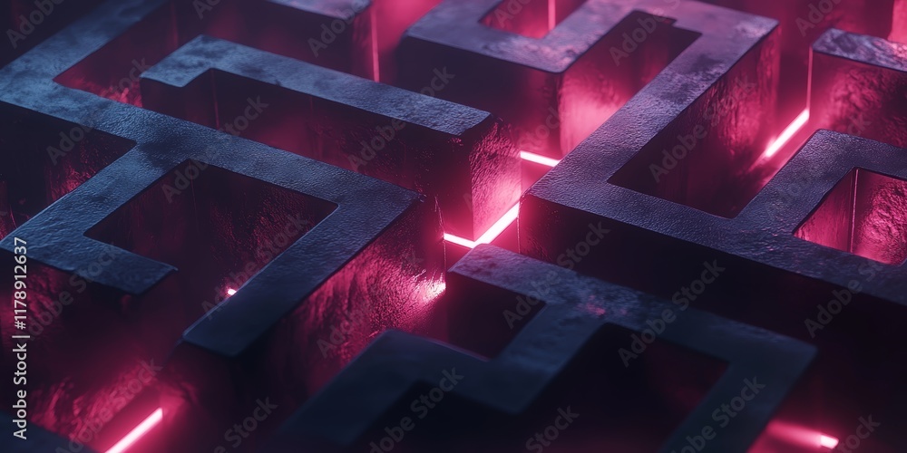 Poster a captivating image of a futuristic maze illuminated by neon pink lights, casting dramatic shadows a