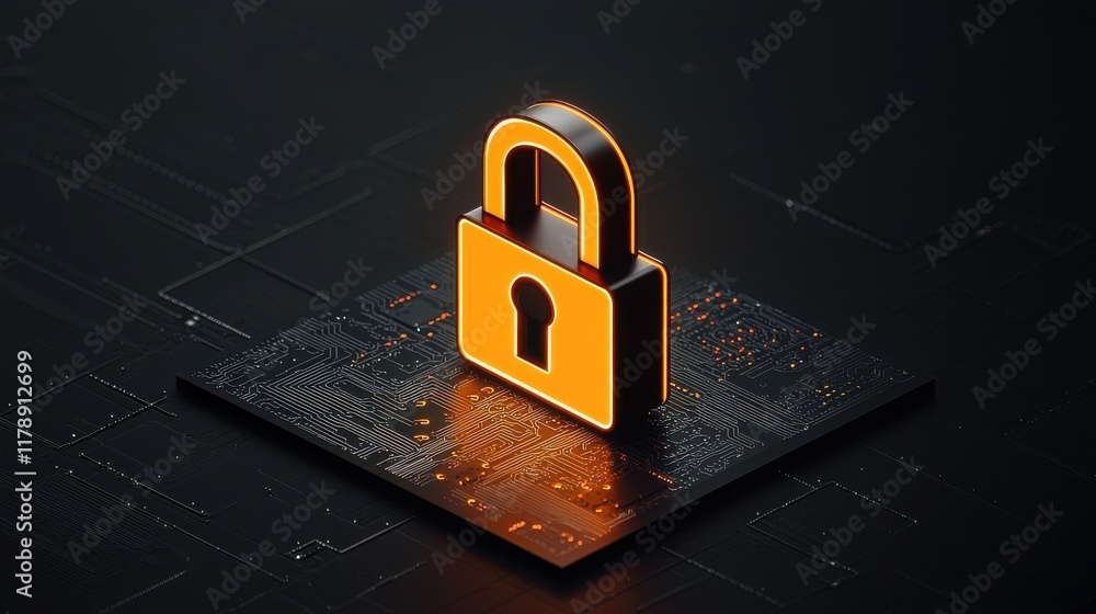 Poster a digital lock icon on a circuit board background, symbolizing cybersecurity and data protection in 