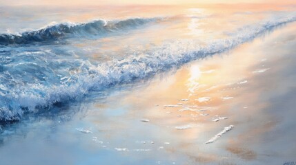 A calming beachscape with soft waves and shimmering wet sand reflecting the gentle light of sunset