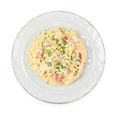 Delicious pasta Carbonara with bacon isolated on white, top view