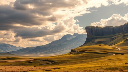 Dramatic landscape photography of a majestic mountain range under a cloudy sky in south africa, featuring rolling hills and a rugged cliff face.