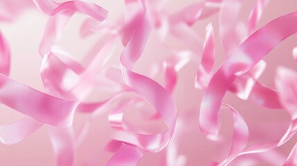 Obraz premium 98.A soft pink background with floating pink ribbons of various sizes, creating a sense of movement and lightness, ideal for Breast Cancer Awareness campaigns.