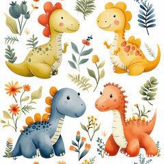 Naklejka premium Nahtloses Muster mit niedlichen Dinosauriern und floralen Elementen auf weißem Hintergrund, Seamless pattern with cute dinosaurs and floral elements on white background