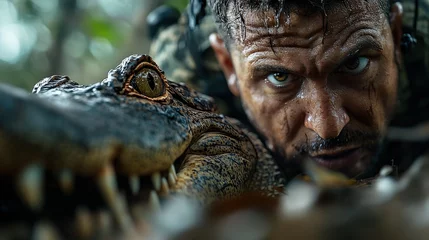  A captivating close-up of a man and a crocodile in a dense jungle, portraying a compelling connection between human and nature while highlighting the raw intensity of their surroundings. © DKPhoto