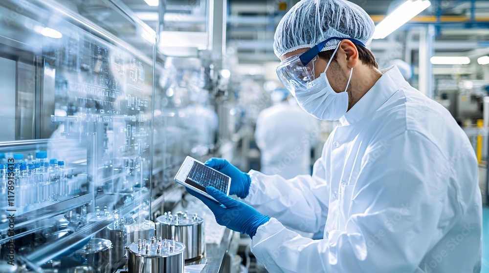 Poster inspector using digital tools to check product measurements on a factory floor, measurement accuracy