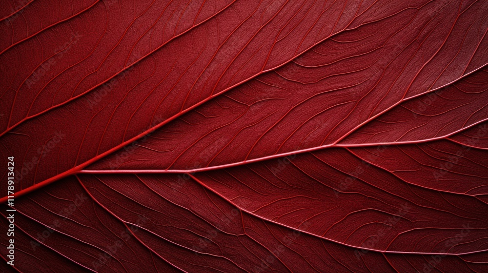 Poster close-up view of elegant red leaf with intricate black veins showcasing natural patterns and texture
