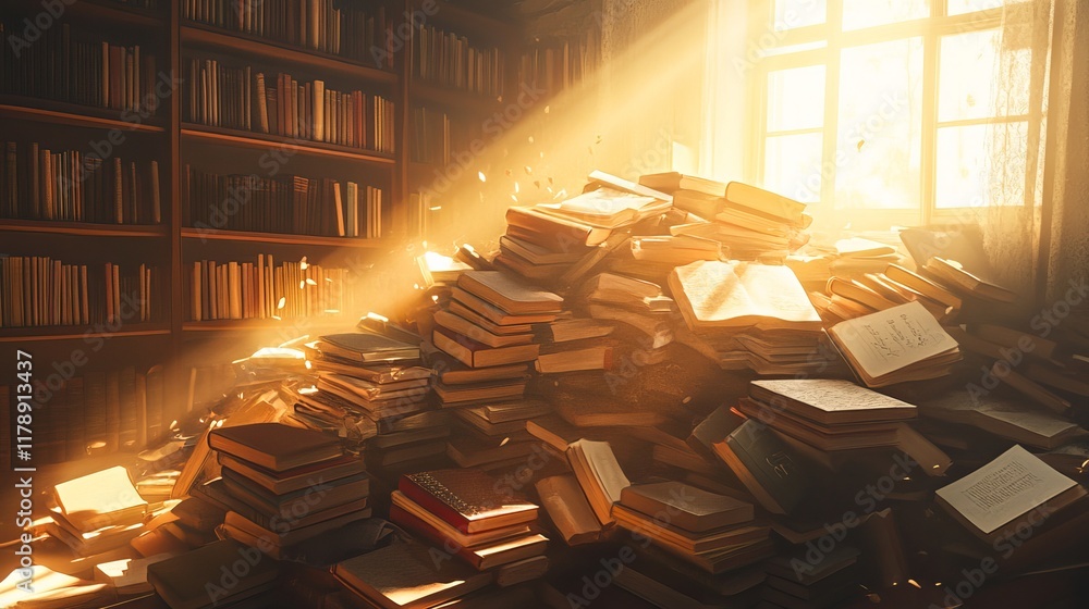 Poster a cozy library scene with stacks of books bathed in sunlight, creating a warm and inviting atmospher