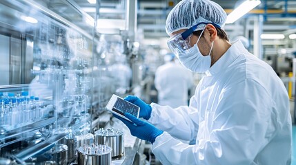 Inspector using digital tools to check product measurements on a factory floor, measurement accuracy, high-tech quality control