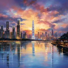 Naklejka premium Incredible Display of Twilight Urbanity: HJ City Skyline Against the Gorgeous Backdrop of a Multicolored Sky