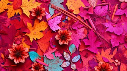 Fototapeta premium Vibrant autumn leaves and flowers collage: a stunning display of red, orange, and pink fall foliage with delicate floral accents and butterfly.