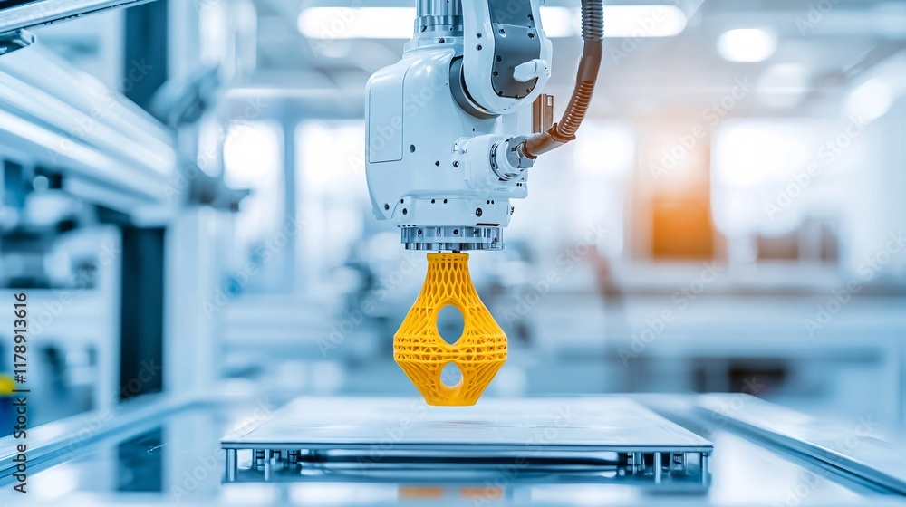 Poster robot performing a quality control scan on a 3d-printed object, automation, high-tech production and