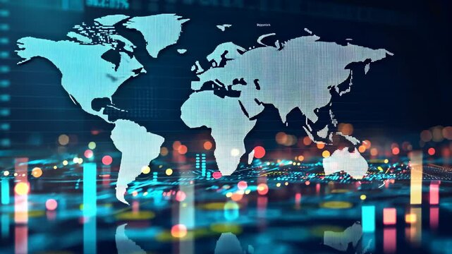 A digital video capturing the bustling city landscape at night, filled with a plethora of dazzling lights and glowing skyscrapers, Visual representation of the global financial market