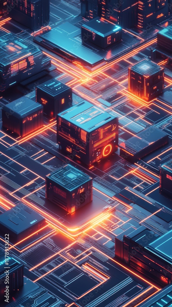 Aufkleber explore a complex isometric data system featuring vibrant colors and intricate details in a futurist