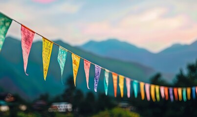 Naklejka premium Colorful prayer flags strung across mountain valley at sunset.