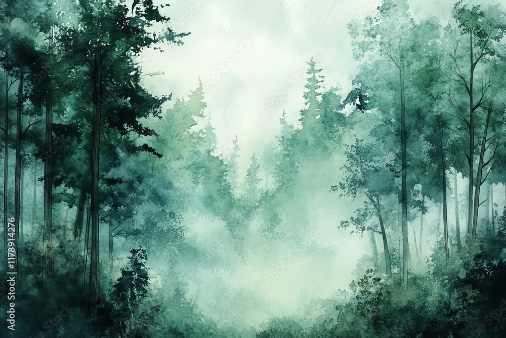 Poster a captivating misty forest scene featuring lush green trees enveloped in soft fog, creating an atmos