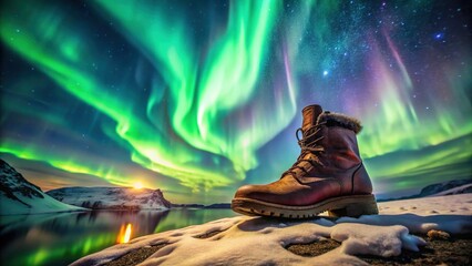 Fototapeta premium Stunning Aurora Borealis Over Hiking Boot