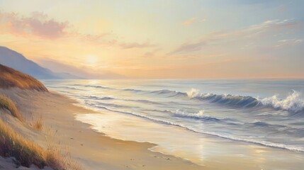 Fototapeta premium A calming coastal view featuring gentle waves and untouched sand, with faint pastel light on the horizon