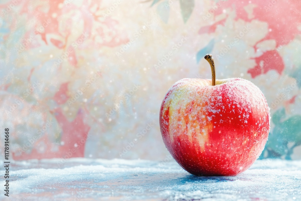 Sticker Red Apple on Snowy Table