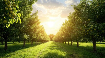 Naklejka premium Sunlit Orchard Path with Lush Green Trees and Golden Apples