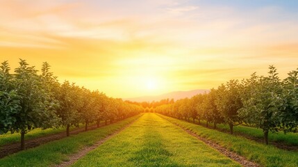 Naklejka premium Serene Sunset Over Apple Orchard with Lush Green Trees