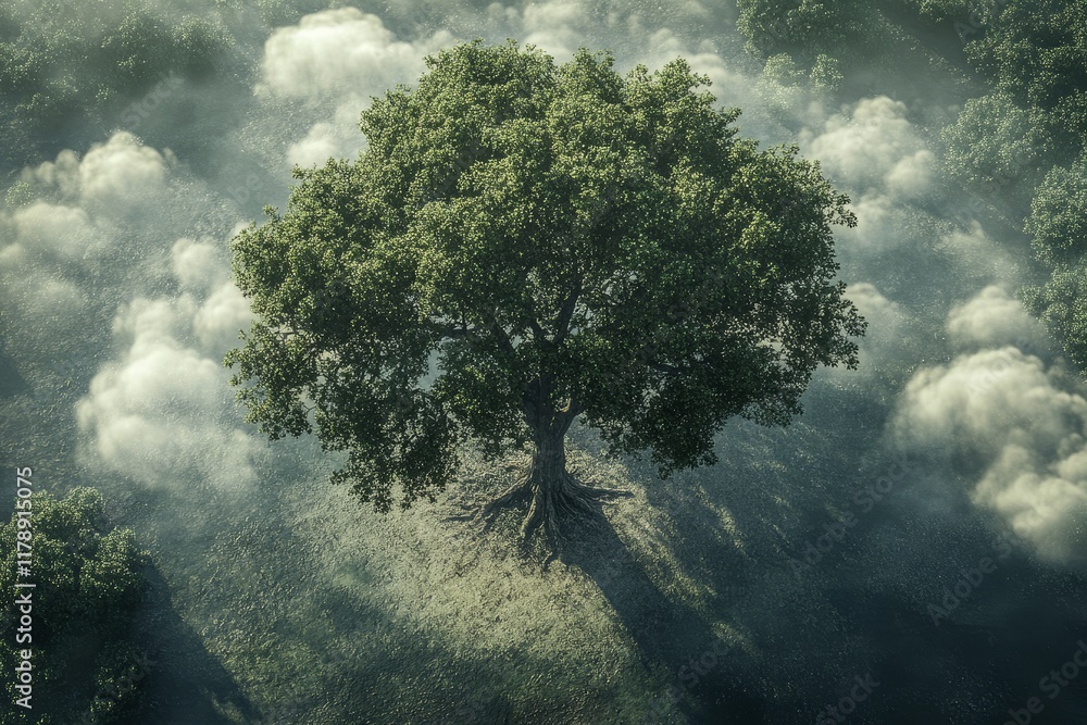Poster aerial view of a solitary oak tree enveloped by mist, casting a shadow in a tranquil forest setting.