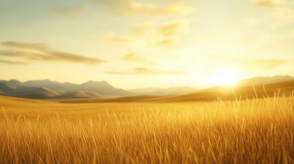Obraz premium Golden Wheat Field Under Beautiful Sunrise Near Mountain Range