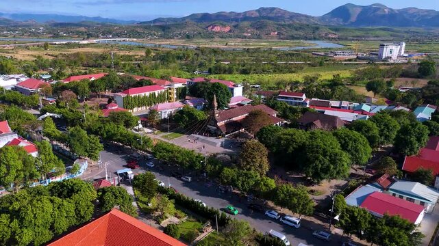 The famed wooden church or Nha Tho Go, or the Catholic Kon tum Cathedral, in the city of Kon tum in the Central Highlands of Vietnam. Travel concept