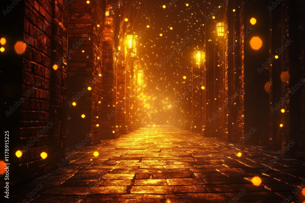 Poster a captivating pathway illuminated by glowing lanterns and ethereal orbs, creating a magical atmosphe