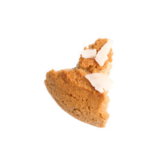 Piece of tasty cookie with almond flakes isolated on white