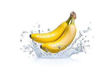 Ripe yellow banana in mid-air with water splashes, isolated on white background