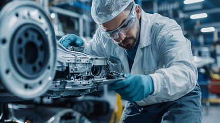 Worker conducting a visual inspection of automotive parts in a factory, automotive quality control, manufacturing inspection