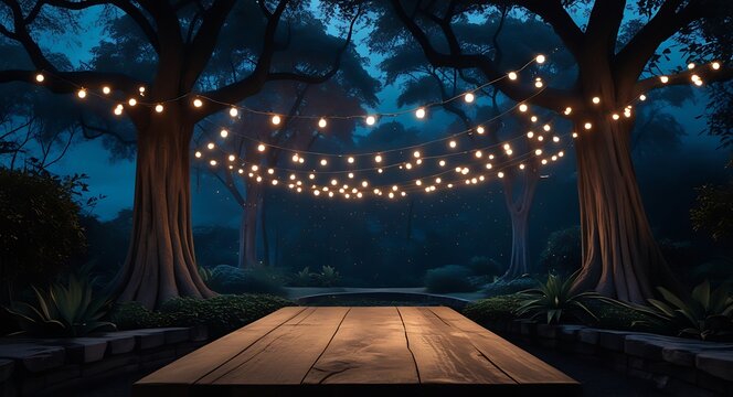 Empty Wood table top with decorative outdoor string lights hanging on trees in the revier nature at sunset time,	

