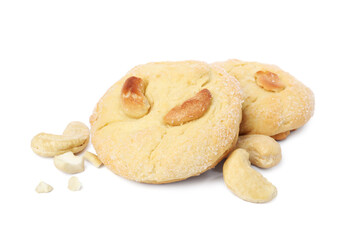 Tasty cashew cookies and nuts isolated on white