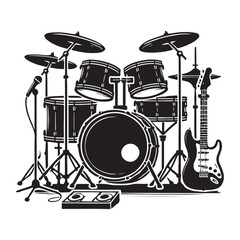 Drum Kit Silhouette Vector Illustration, Solid White Background.