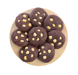 Tasty chocolate cookies with hazelnuts isolated on white, top view