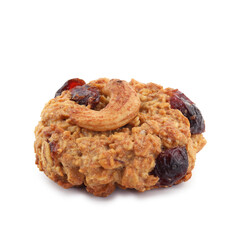 One delicious oatmeal cookie with dried cranberries and nuts isolated on white