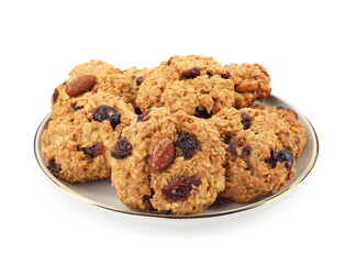Delicious oatmeal cookies with dried cranberries and nuts isolated on white