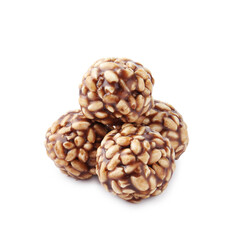 Delicious chocolate puffed rice balls isolated on white