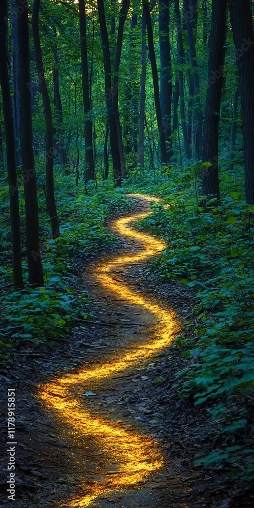 Poster a stunning view of a winding path illuminated by soft golden light, surrounded by vibrant green foli