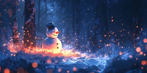 Snowman with blurred bokeh lights creating a festive winter background.