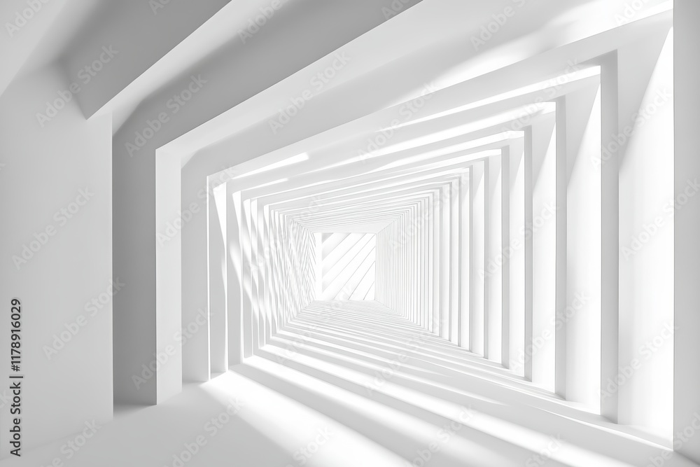 Poster a striking abstract image of a white geometric tunnel with dynamic light and shadow patterns, showca